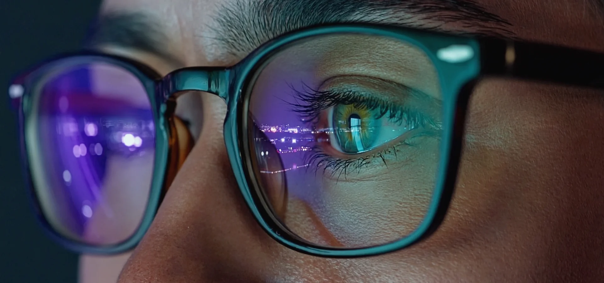 Person wearing glasses working at a computer screen