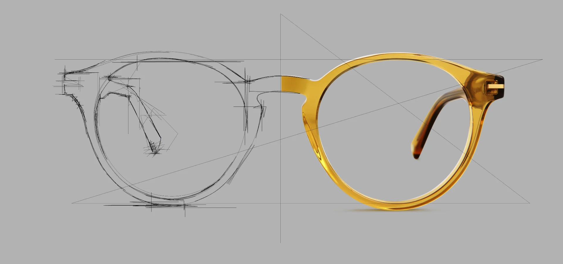 Designer glasses frame shown alongside its technical design sketch